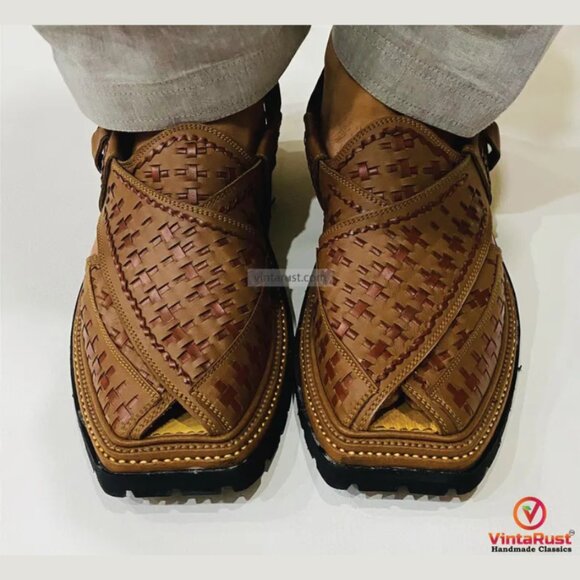 Authentic Brown Peshawari Sandals for Men, Durable Leather Shoes, Classic Woven